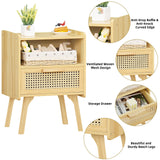 Lerliuo Rattan Nightstand, Boho Night Stand with Handmade Natural Rattan Drawer and Open Shelf, Cane Accent Side Table, End Tables with Solid Wood Legs for Bedroom, Dorm and Small Spaces Lerliuo