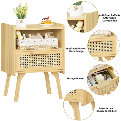 Lerliuo Rattan Nightstand, Boho Night Stand with Handmade Natural Rattan Drawer and Open Shelf, Cane Accent Side Table, End Tables with Solid Wood Legs for Bedroom, Dorm and Small Spaces Lerliuo