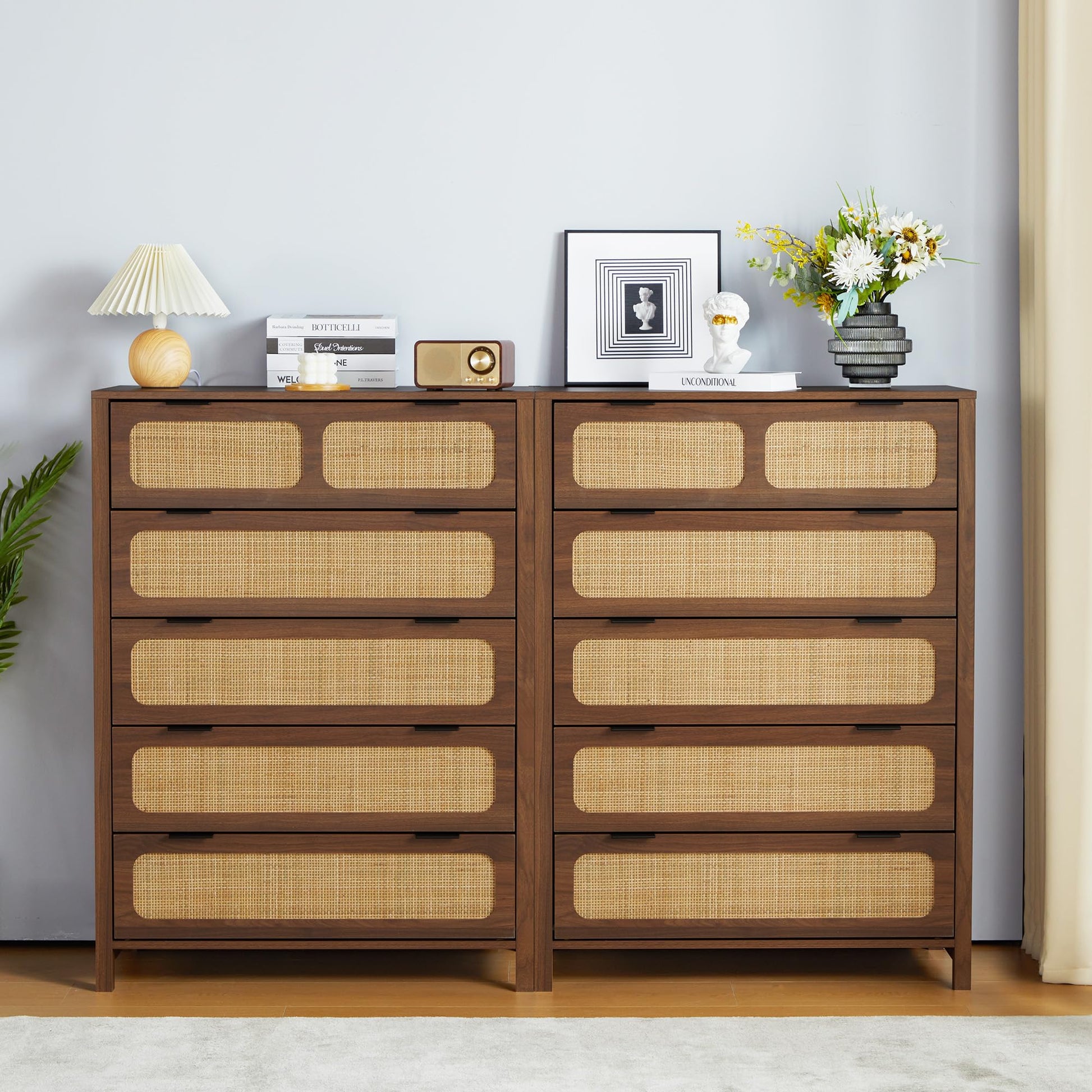 LEVNARY 5 Drawer Chest Dresser, Rattan Tall Dresser 5 Chest of Drawers for Bedroom, Wood Storage Cane Cabinet with Metal Handles, for Living Room, Hallway, Nursery (Walnut) - WoodArtSupply