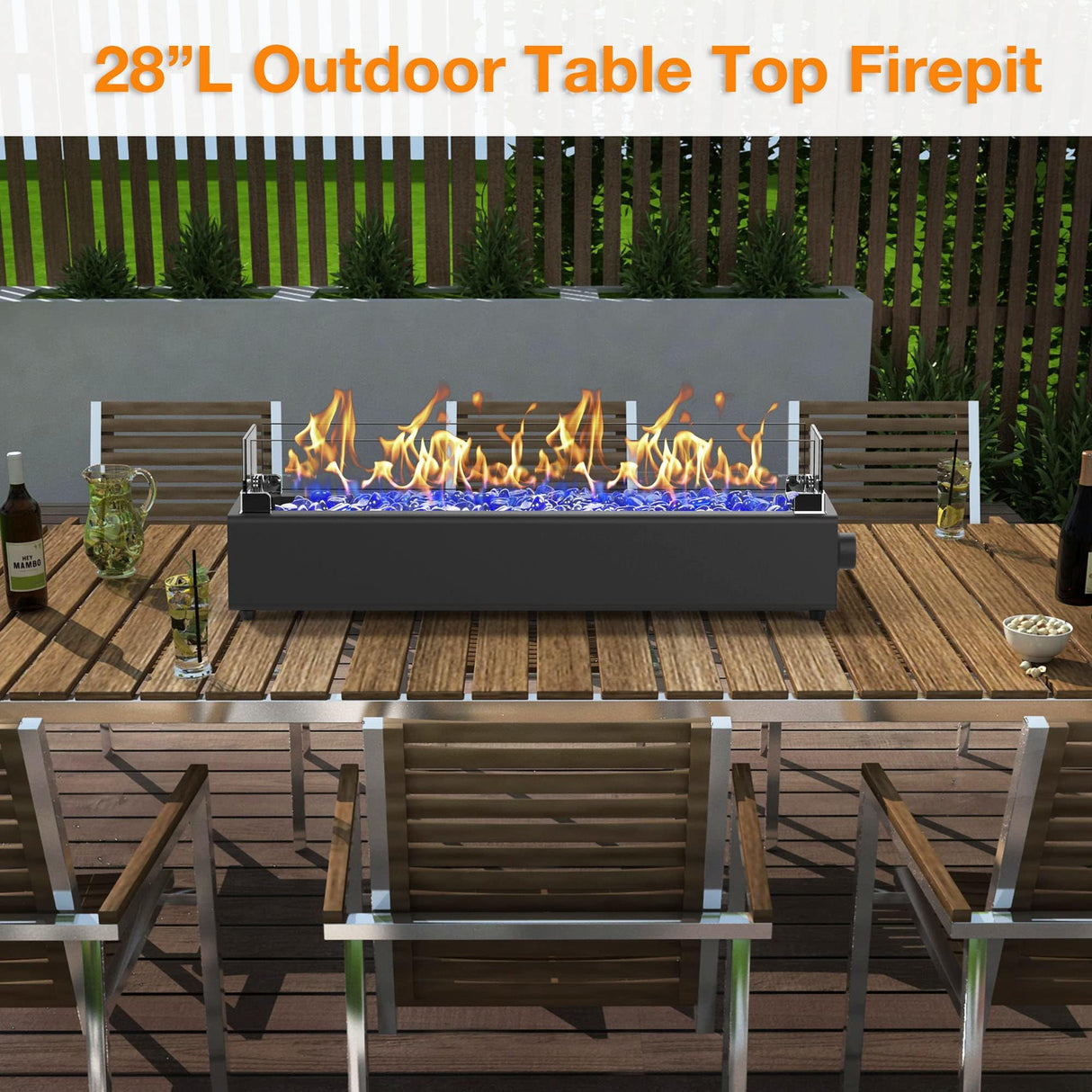 BAIDE HOME 28-inch Table Top Propane Fire Pit, 40,000 BTU Tabletop Firepit for Patio, Outdoor Portable Fireplace Rectangular Fire Bowl w/Wind Glass Shield, Glass Rocks - Black BAIDE HOME