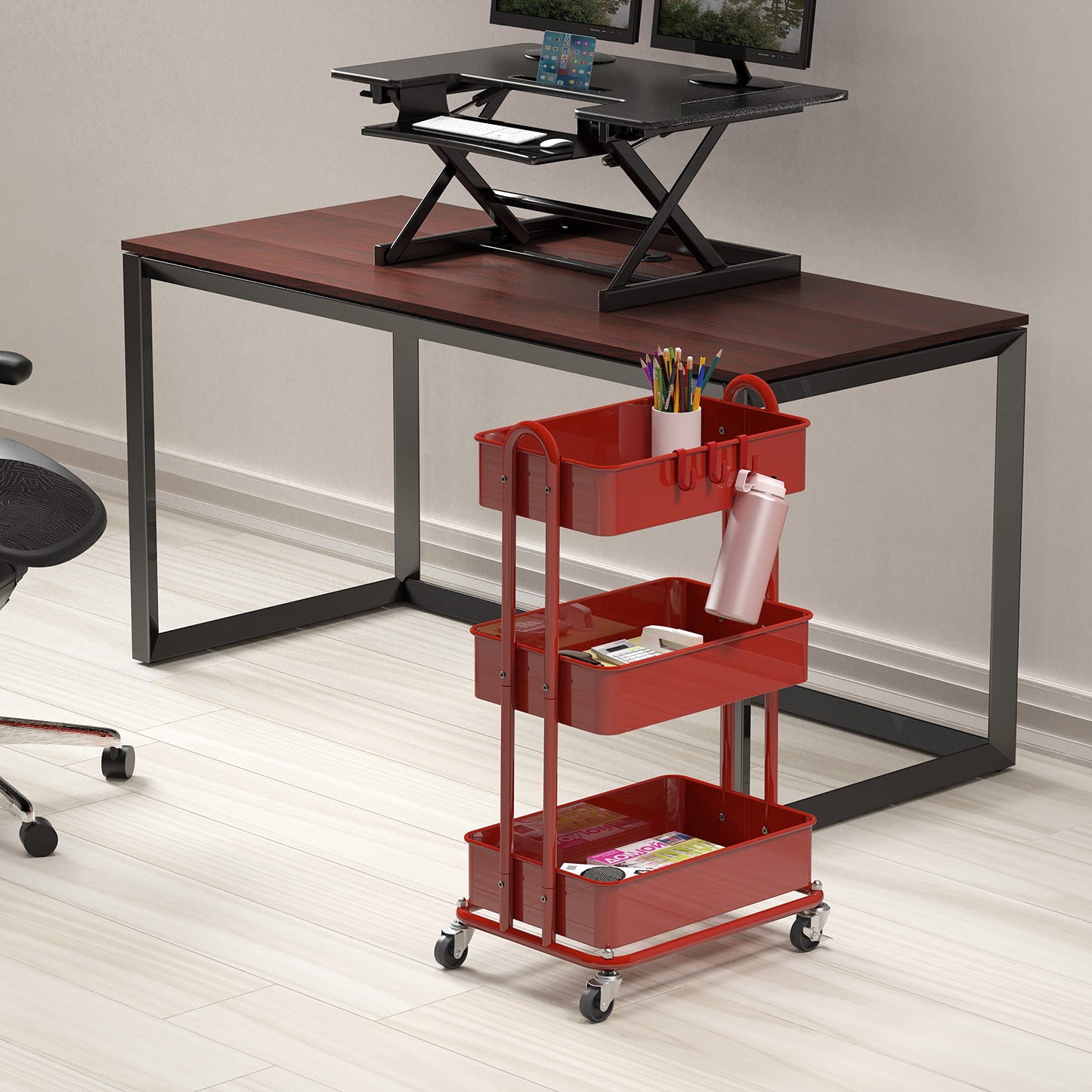 Simple Houseware Heavy Duty 3-Tier Metal Utility Rolling Cart, Red - WoodArtSupply