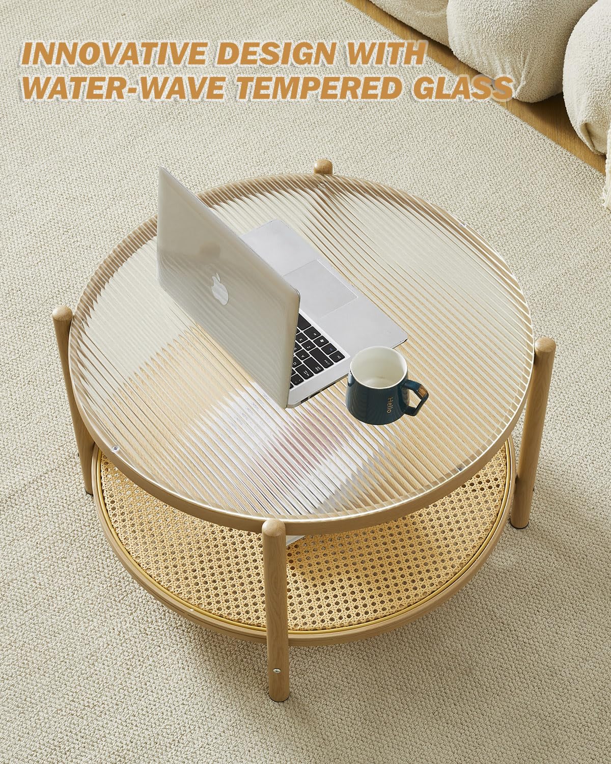 COSVALVE 27.5" Boho Rattan Coffee Table, Round Glass Metal Center Table, Modern Simple 2 Tier Middle Table for Small Space Living Room Bedroom Office Meeting Room COSVALVE