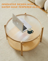 COSVALVE 27.5" Boho Rattan Coffee Table, Round Glass Metal Center Table, Modern Simple 2 Tier Middle Table for Small Space Living Room Bedroom Office Meeting Room COSVALVE