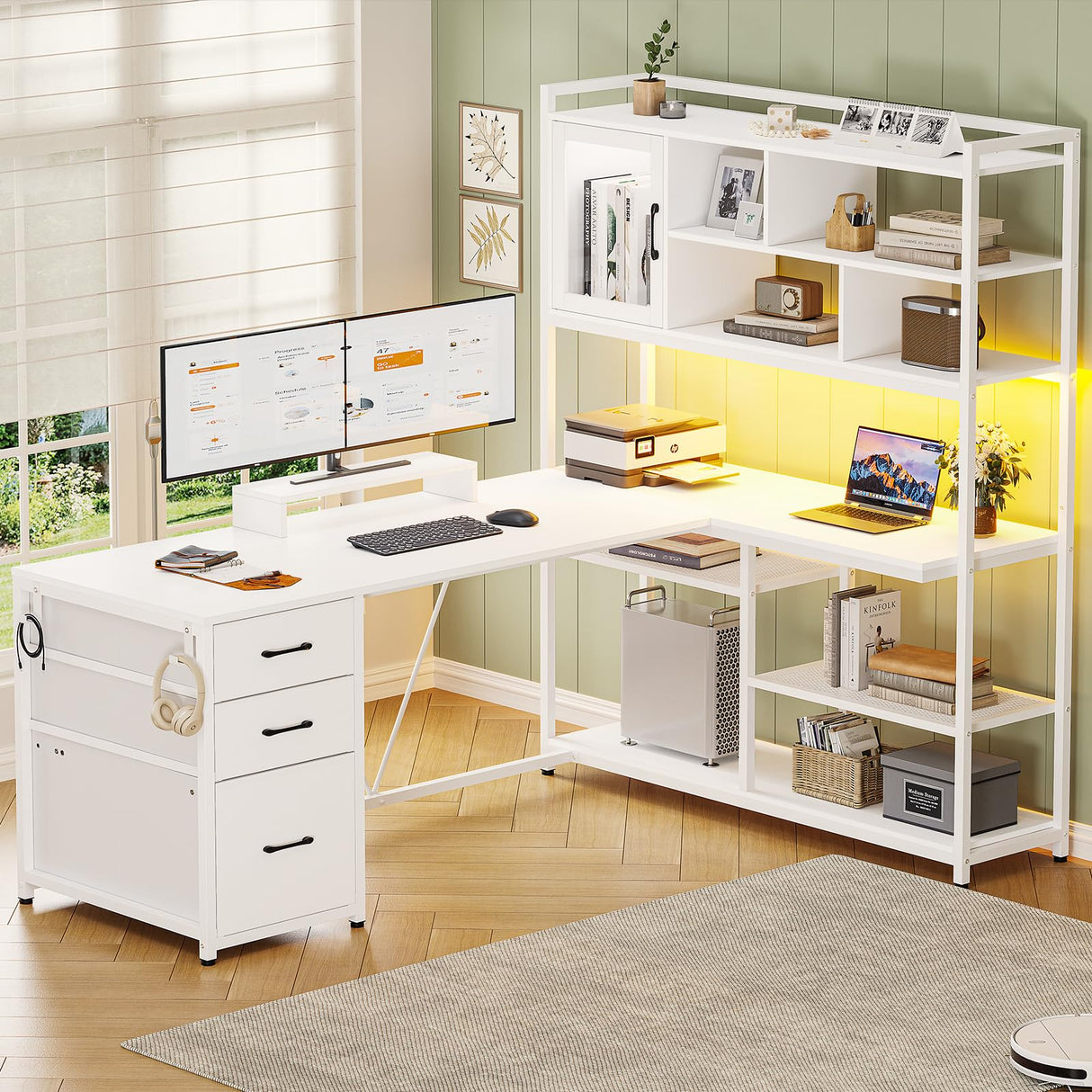 SEDETA 58'' L Shaped Computer Desk with 3 Drawers, Bookshelf, and LED Light for Home Office and Gaming SEDETA