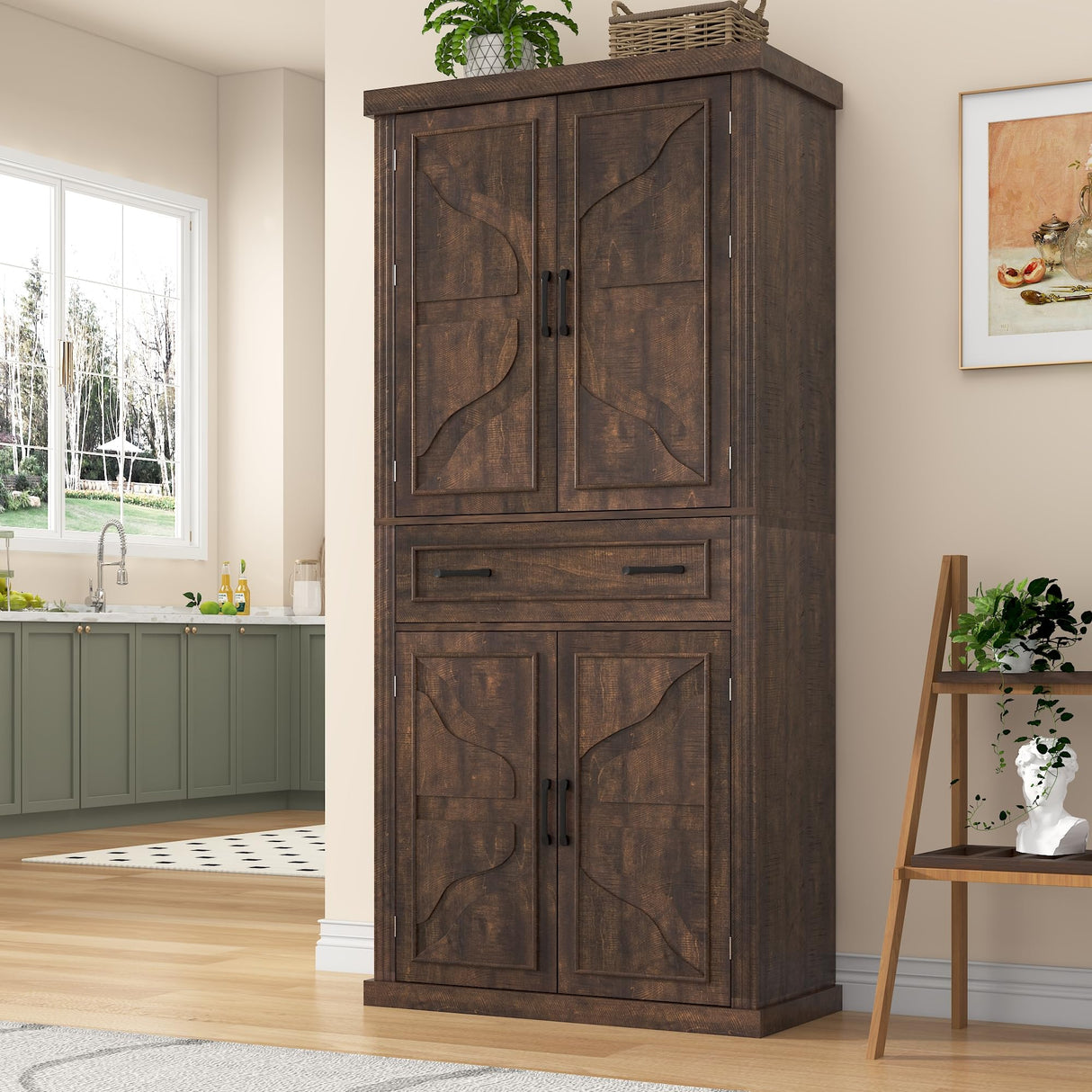 71" Tall Kitchen Pantry Cabinet with Doors and Drawer, Farmhouse Storage Cabinet with Adjustable Shelves, Rustic Wood Cupboard for Kitchen, Dining Room, Living Room, Brown chartustriable
