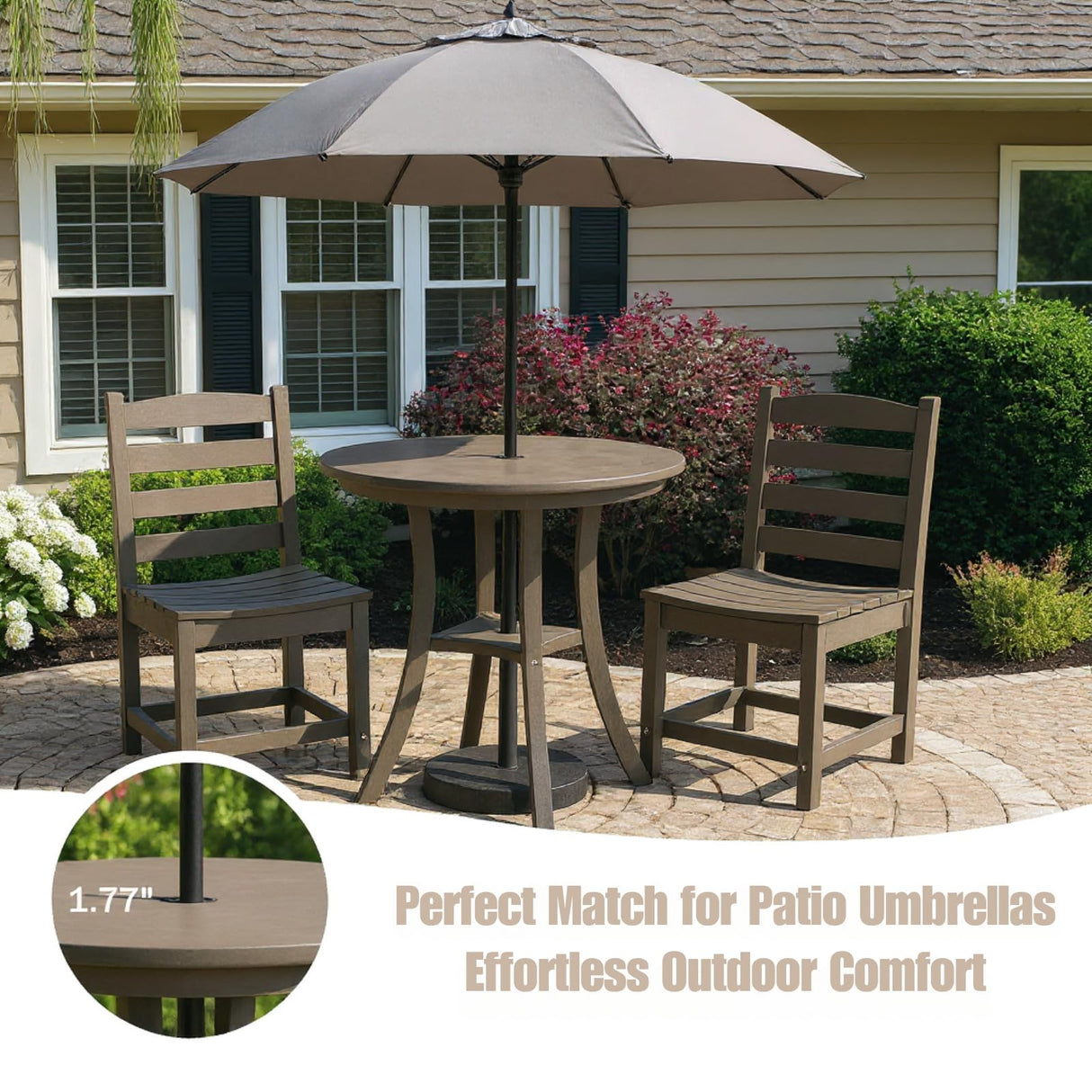 3 PCS Outdoor Patio Bistro Set, HDPE Round Dining Table with 1.77" Umbrella Hole and 2 Chairs, All-Weather Patio Coffee Table and Chairs Set for Balcony, Garden, Porch, Backyard, Commercial, Dark Oak Yatelonllvn