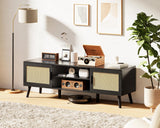 SUPERJARE 65 Inch TV Stand, Entertainment Center with Adjustable Shelf, Rattan TV Console with 2 Cabinets, Media Console, Solid Wood Feet, 4 Cord Holes, for Living Room, Black SUPERJARE
