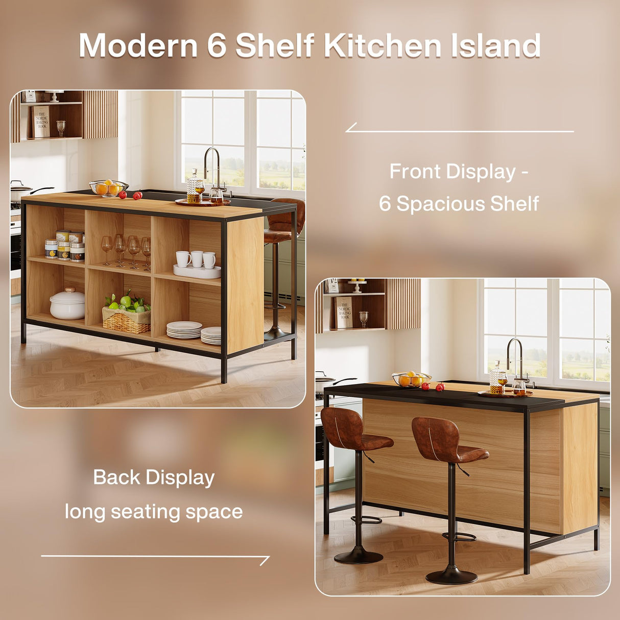 Tribesigns 62" Kitchen Island with Seating and 6 Cube Storage, Breakfast Counter, Modern Large Home Bar Table for Dining Room Kitchen Tribesigns