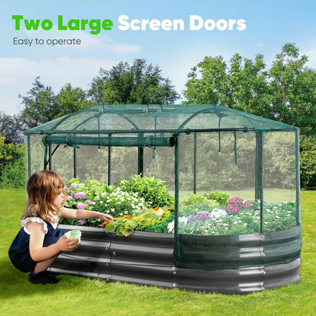 Quictent Galvanized Raised Garden Bed Kit with Self Watering System and Mesh Cover, Large Oval Metal Outdoor Planter Garden Boxes for Vegetables Herbs Flowers, 6x3x1Ft Quictent