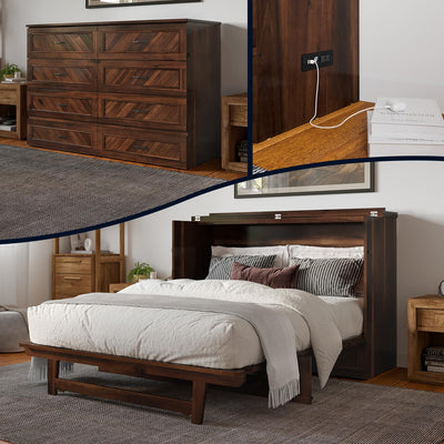 AFI, Alpine Queen Wood Murphy Bed Chest with 6" Mattress, Storage Drawer & Built-in USB Charger, Barnwood