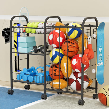 NEYCIL Ball Storage Rack, Sports Ball Storage Cart with 6 Wheels, Elastic Strap, Removable Basket, Hooks, Sports Equipment Organizer For Garage, Children's Room, Court, School, Small Gym, Outdoor NEYCIL