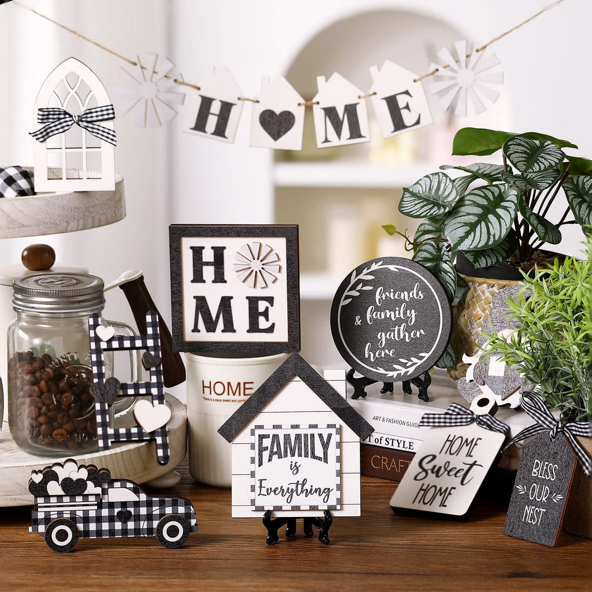 Kajaia Farmhouse Tiered Tray Decor Set Home Wooden Signs Rustic Sweet Home Tabletop Wooden Block Sign for Table Decor(Home) Kajaia