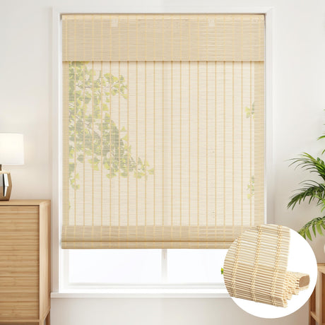SEEYE Cordless Bamboo Roman Shades - Natural Bamboo Blinds for Indoor Windows, Roll Up Blind Light Filtering Bamboo Shade for Home, Doors, UV Resistant & Easy to Install, 30" W x 64" H, Natural SEEYE