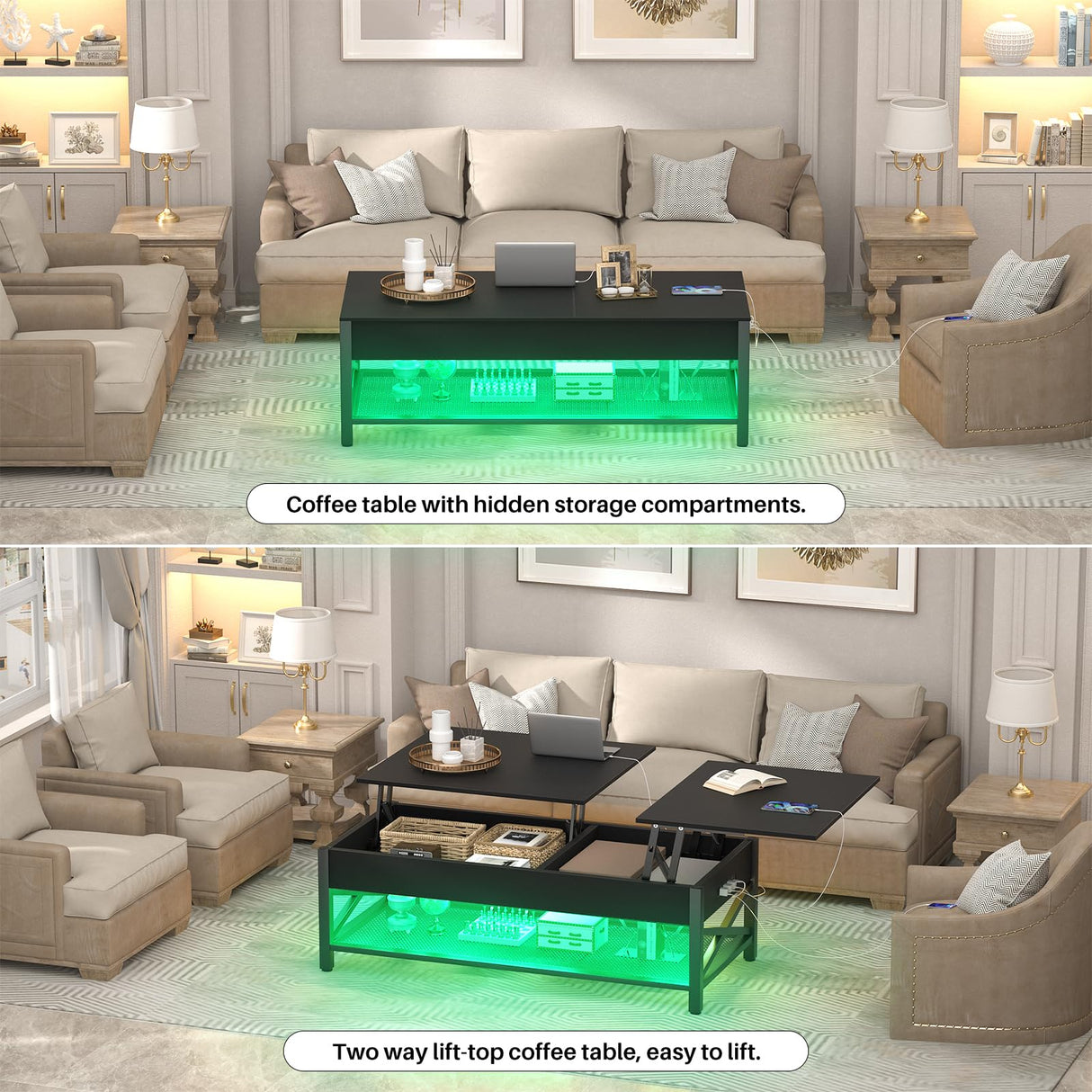 Aheaplus Black Lift-Top Coffee Table with LED Light, Power Outlets and Storage Shelf, 41.7"W x 19.69"L x 19.7"H Aheaplus