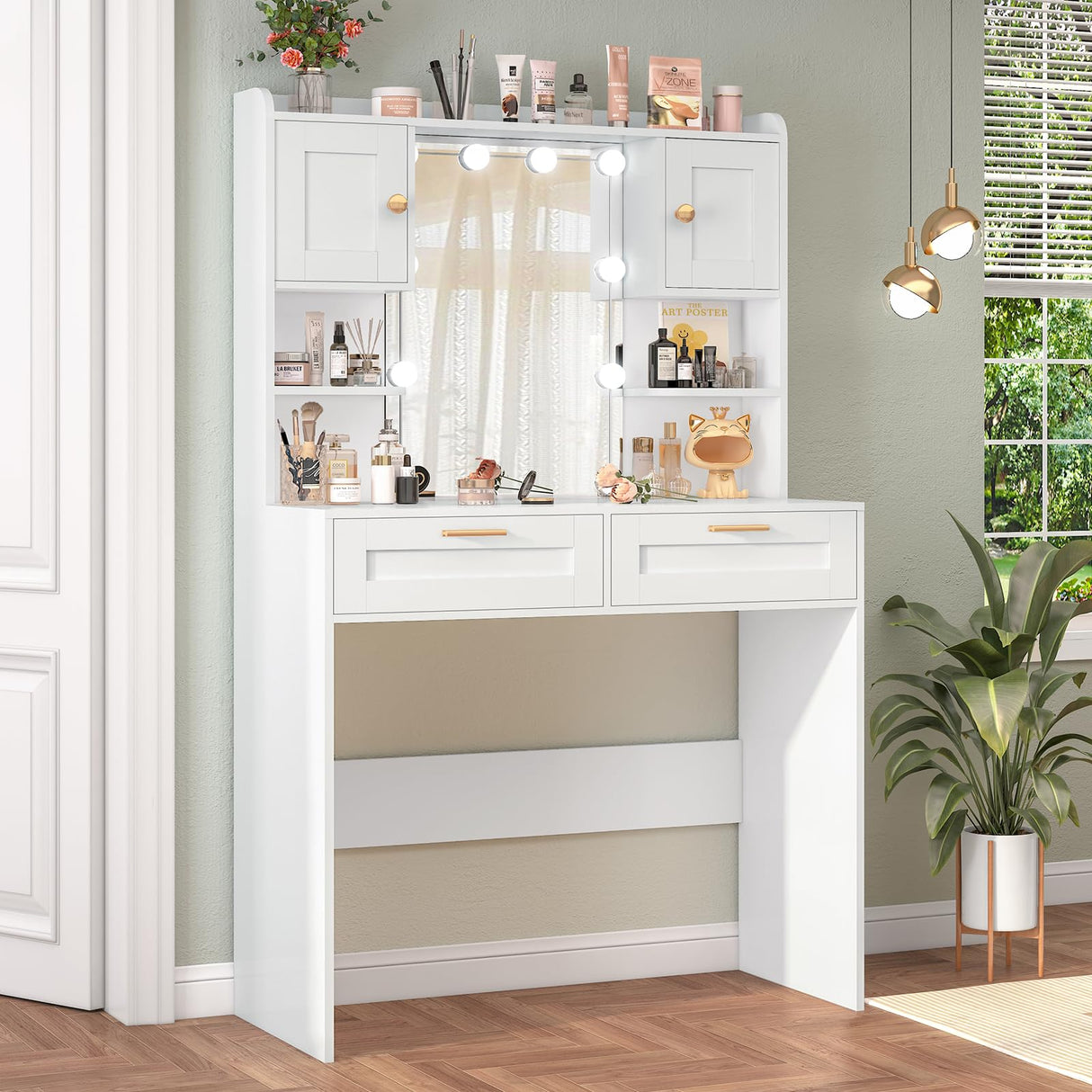 usikey Vanity Desk with Mirror and Lights, Makeup Vanity Table with 2 Drawers, 2 Cabinets & 2 Shelves, Vanity Desk, Vanity Table for Girls Women, Bedroom, White usikey