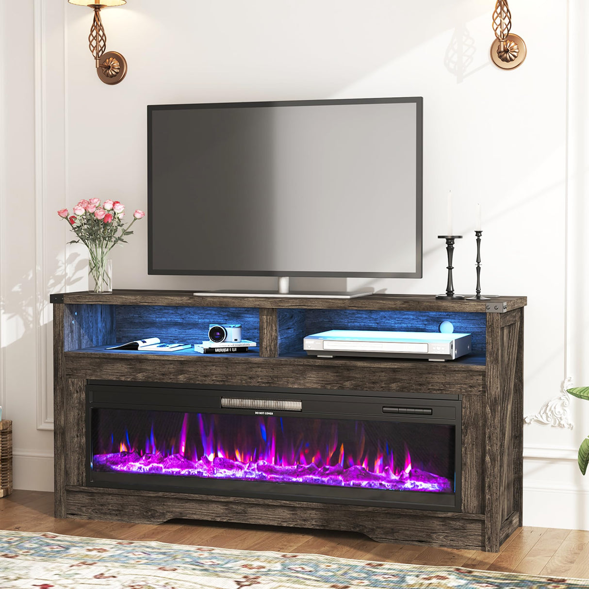 COCO DESIGN Fireplace TV Stand, Multicolor Wood Texture 50" Electric Fireplace with Highlight Storage Cabinet, LED Light Entertainment Center, for TVs Up to 65"(Gray) COCO DESIGN