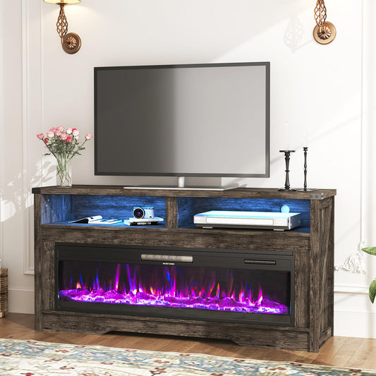 COCO DESIGN Fireplace TV Stand, Multicolor Wood Texture 50" Electric Fireplace with Highlight Storage Cabinet, LED Light Entertainment Center, for TVs Up to 65"(Gray)