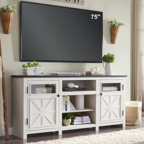 JXQTLINGMU Farmhouse TV Stand for 75 Inch TV, Entertainment Center with Storage, Modern TV Cabinet with Barn Doors, 66" Rustic TV Console for Living Room, Adjustable Shelf - Off White JXQTLINGMU