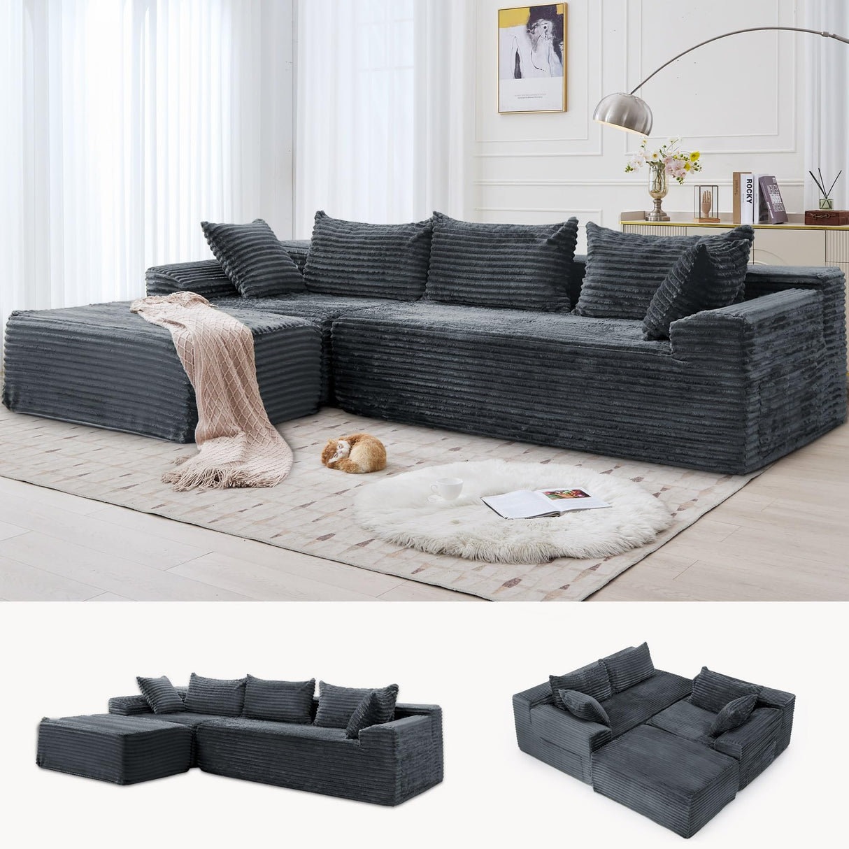 Korser 108" Sectional Couches for Living Room, Modular Sectional Sofa with L-Shape Chaise, Cloud Couch, Comfy Corduroy Fluffy Couch with Deep Seat and Side Pockets, No Assembly Required Korser