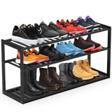 Jripae Bamboo Shoe Rack for Closet, Stackable 3 Tier Longer Shoe Organizer Shelf Holder Storage 12-15 Pairs for Entryway Door Hallway Bedroom Garage Space Saving Foldable Black Jripae