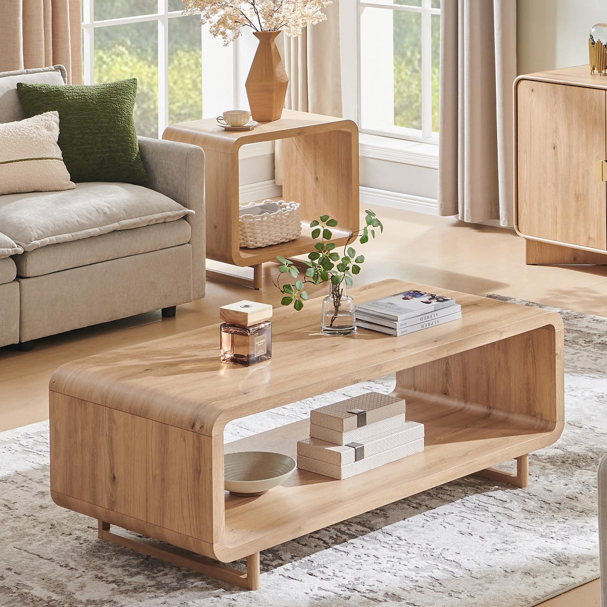 IFGET 48" Modern Coffee Table, 2-Tier Minimalist Center Table with Storage Shelf, Curved Profile Design, Wooden Rectangular Living Room Table w/Wood Thick Design for Living Room, Office, Natural Oak IFGET