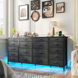EnHomee 63" W 18 Drawers Dresser with LED Lights & Power Outlets Long Dresser for 65" TV Stand for Bedroom Large Fabric Dressers & Chests of Drawers for Bedroom, Sturdy Metal Frame (Charcoal Black) EnHomee