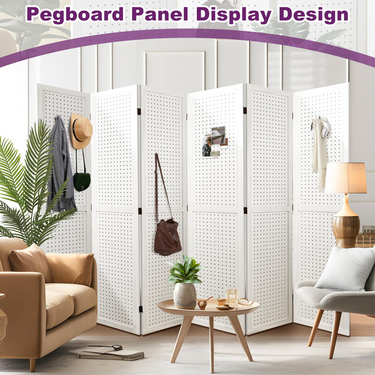 HIGREENA Room Divider 5.6FT Pegboard Display Wood Room Divider Panel 6 Panel Folding Room Divider Room Divider Screen Partition Room Dividers, White HIGREENA