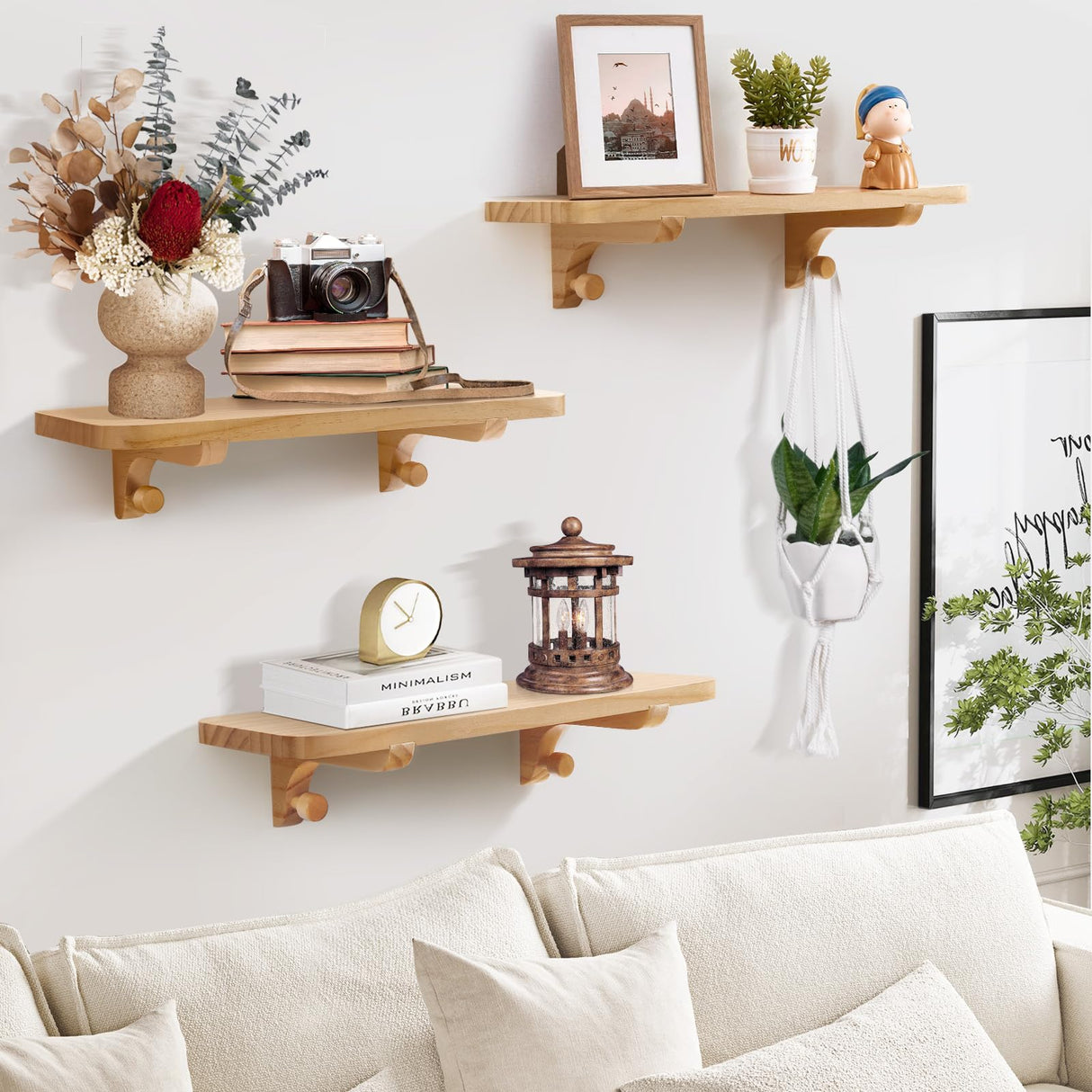 omedecal Wooden Floating Shelves for Wall, 15.7" W x 6" D x 0.6" H Large Wall Shelves, Hanging Storage Shelf with Hooks for Living Room, Kitchen, Bathroom, Bedroom Decor, Natural, 3 Packs omedecal