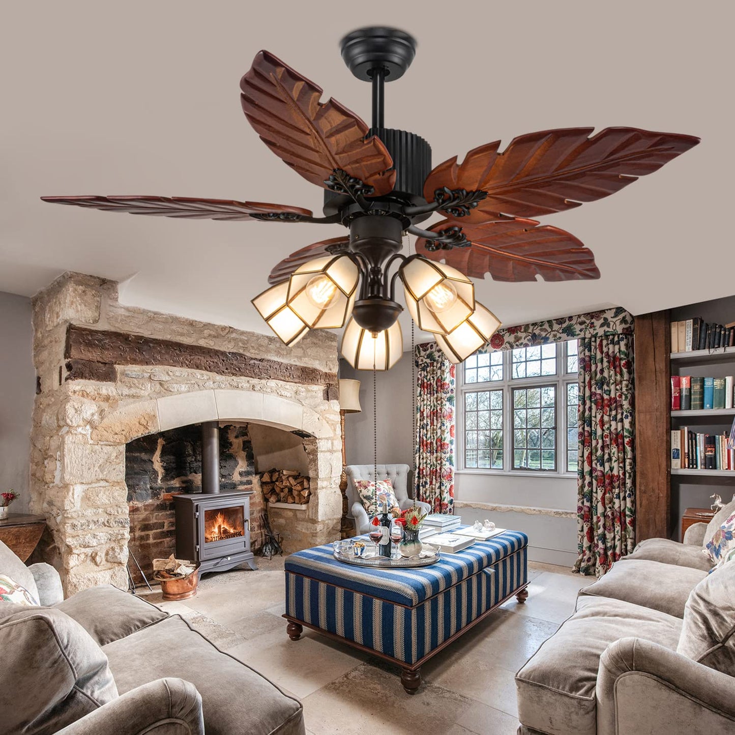 52'' Tropical Ceiling Fan with Remote Palm Wooden Leaf Ceiling Fan with 5 Glass Lampshade and Hand-Carved Reversible Blades for Indoor/Outdoor Living Room Bedroom Kitchen by Akronfire - WoodArtSupply