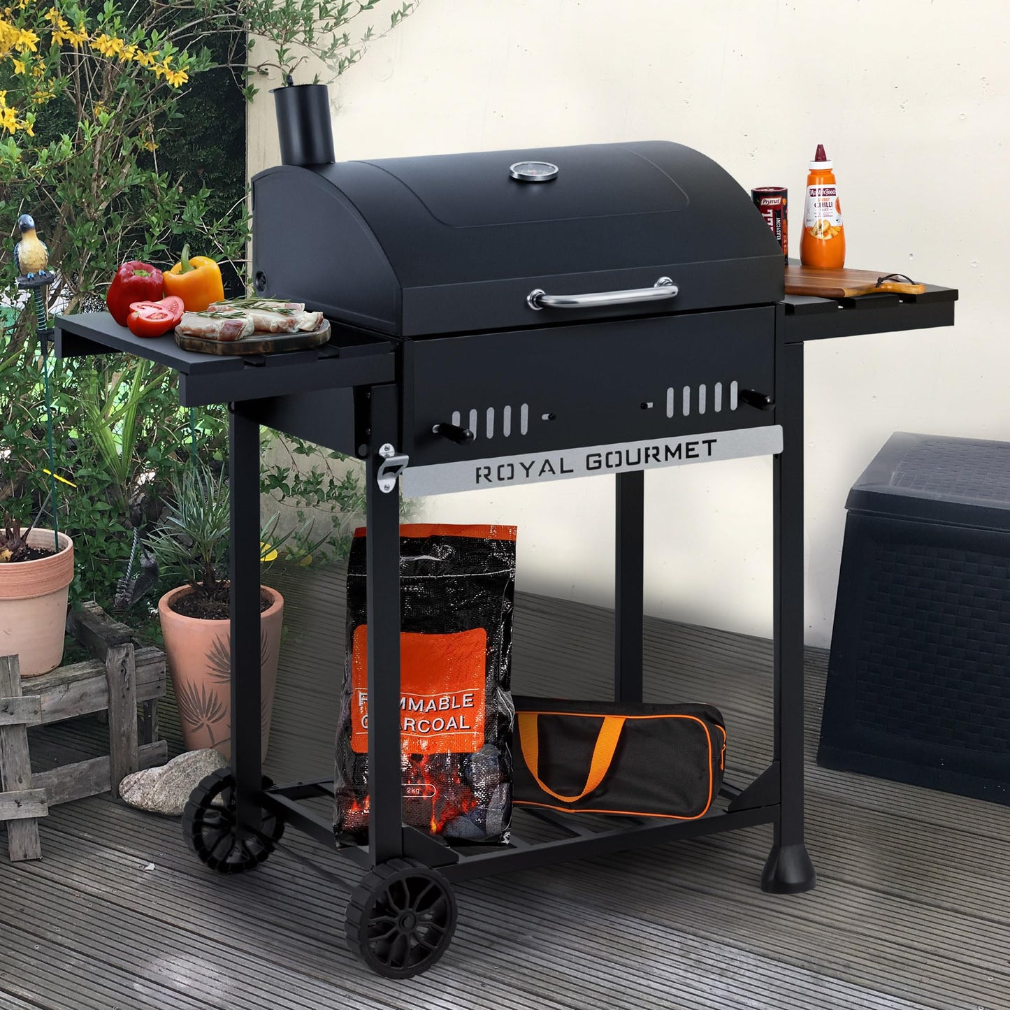 Royal Gourmet CD1824ET 24-Inch Movable Charcoal Grill with Foldable Side Tables, Outdoor BBQ Grill with 470 Sq. In. Cooking Area for Outdoor Picnic and Camping Grilling, Black