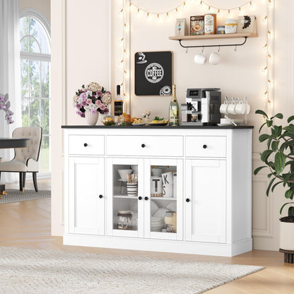 HOSTACK Sideboard Buffet Cabinet with Storage, 55" Large Kitchen Storage Cabinet with Drawers | Glass Doors, Modern Farmhouse Coffee Bar Cabinet, Wood Buffet Table Dining Room Cabinet, White/ - WoodArtSupply