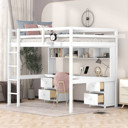 Full Size White Loft Bed with Desk, Drawers, Shelves, and Charging Station - WoodArtSupply