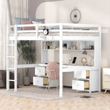 SOFTSEA Full Size Loft Bed with Desk, Drawers, and Storage in White SOFTSEA