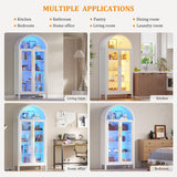 Dystler Arched Kitchen Pantry Cabinet with Glass Doors, Display Curio Case with 3 Color LED Lights for Collectibles, Modern 5-Tier Storage Hutch Cabinet, White Dystler