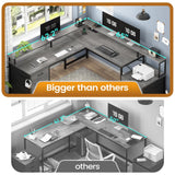 SEDETA L Shaped Desk with 6 Drawer, 108" Home Office Desk with File Drawer & Power Outlet, Corner Computer Desk with Monitor Shelf, Two Person Desk, Gaming Desk with Led Lights, Grey SEDETA