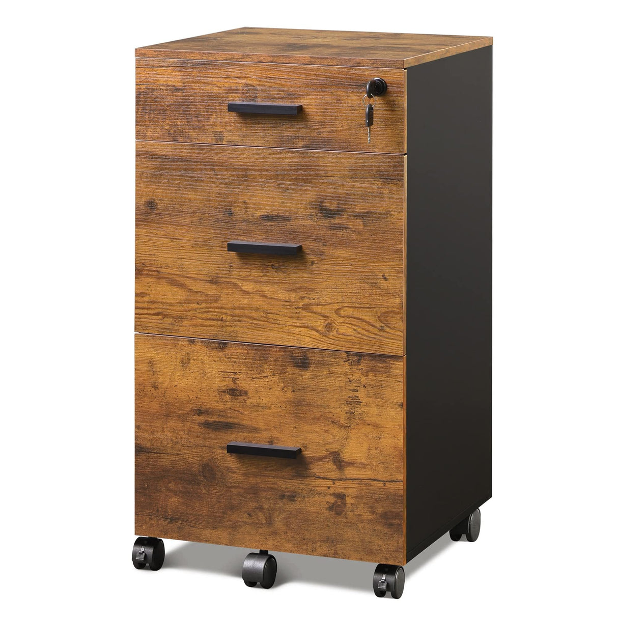 DEVAISE 3 Drawer Rolling File Cabinet with Lock, Wood Filing Cabinet fits Letter / A4 Size for Home Office, Rustic Brown DEVAISE