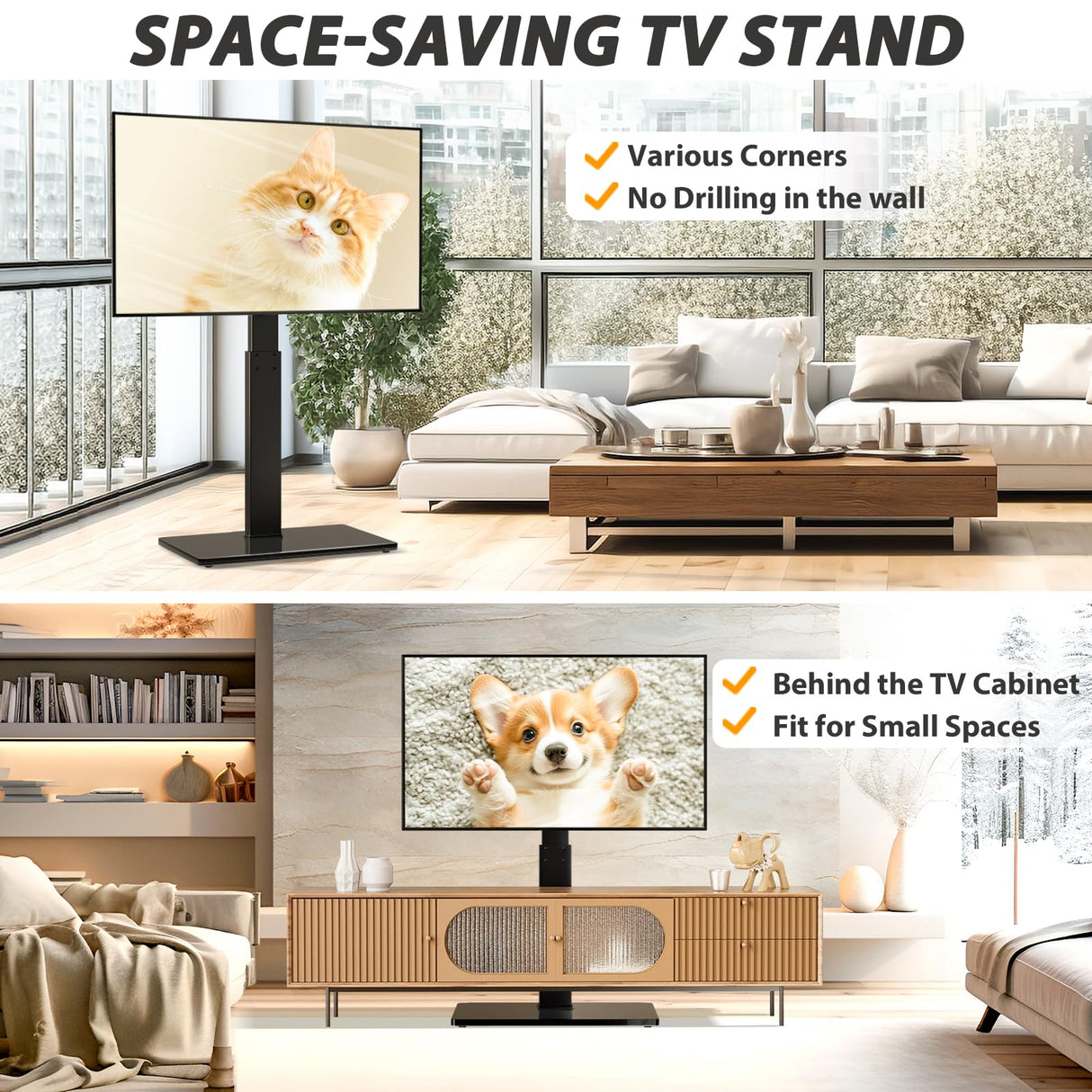 TAVR Universal Floor TV Stand Base for 32-74 Inch TVs up to 110 Lbs with Swivel Height Adjustable Mount, Black Tempered Glass Base for Media Storage and Space Saving TAVR Furniture