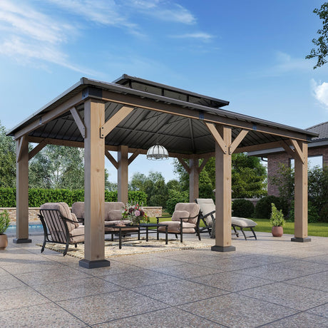 Aoxun 12' x 20' Outdoor Wood Gazebo, Hardtop Gazebo Permanent Wooden Pavilion with Galvanized Steel Double Roof, for Patio, Garden, Backyard, Cedar Wood Aoxun