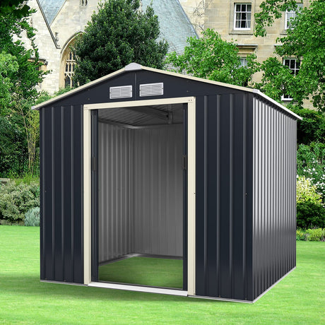 IRONMAX Outdoor Storage Shed, 7x6 FT Galvanized Steel Lean to Garden Shed, Heavy Duty Tool Storage House with Sliding Doors & Air Vents, for Bicycles, Lawnmowers, Backyards, Patios, Lawns, Grey IRONMAX