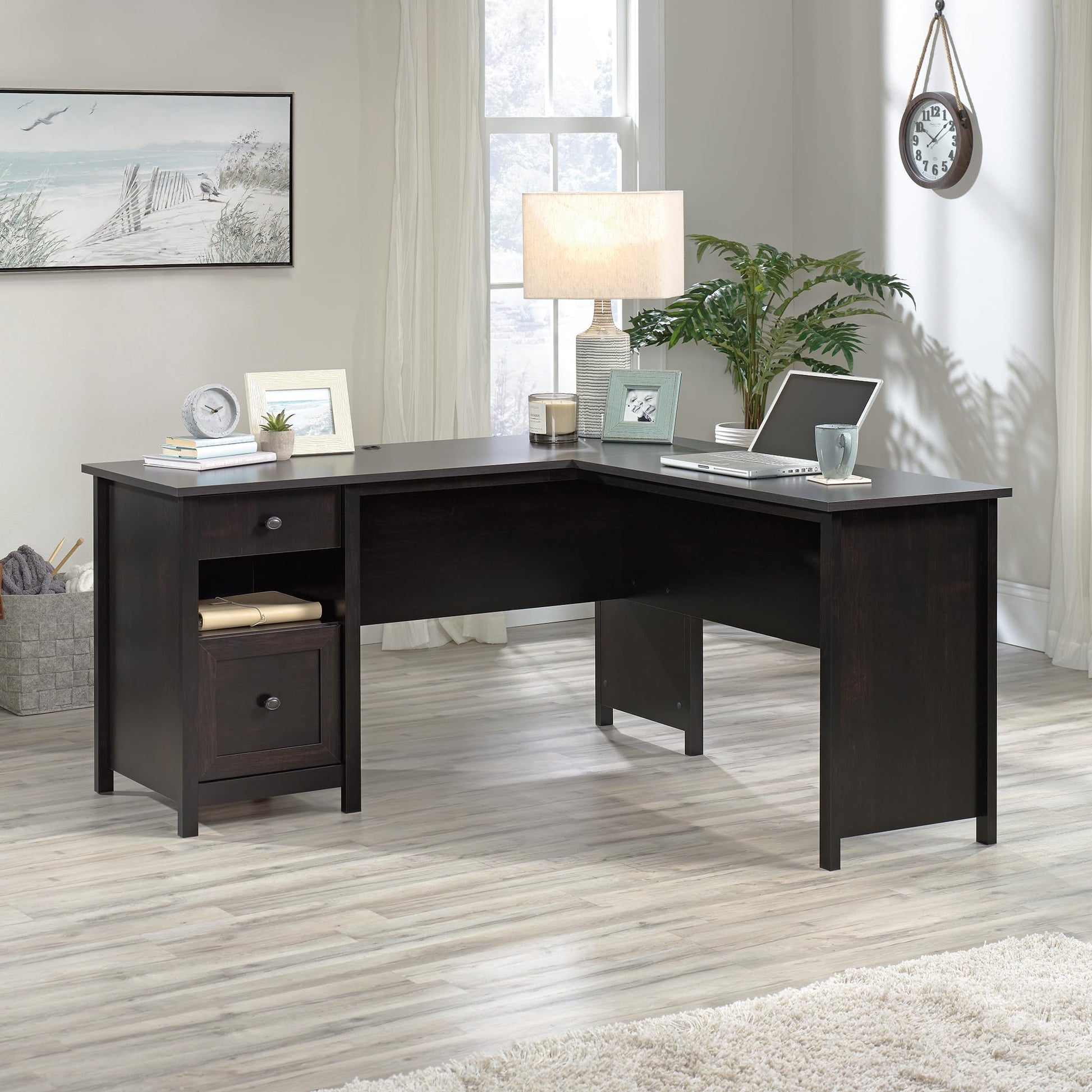 Sauder County Line L-Desk, L: 61.26" x W: 59.06" x H: 30.04", Estate Black Finish - WoodArtSupply