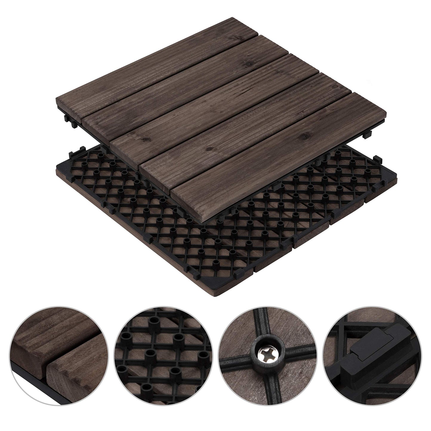 Topeakmart 12 x 12in Patio Tiles Wood Floor Deck Tiles Interlocking Wooden Composite Decking Floor Tiles Outdoor for Garage Patio Garden Deck Poolside Black 11PCS - WoodArtSupply