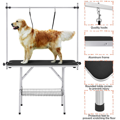 Yaheetech 46'' Pet Grooming Table for Large Dogs Adjustable Height Portable Trimming Table Drying Table w/Arm/Noose/Mesh Tray Maximum Capacity Up to 265Lb, Black - WoodArtSupply