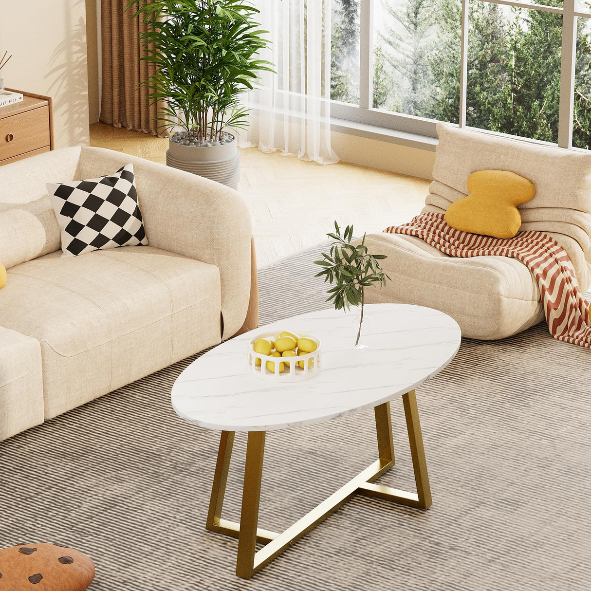 Wolawu Coffee Table White Faux Marble Coffee Table for Living Room,Oval Center Tables Modern Tea Table for Small Space,Wooden Living Room Tables End Table with Sturdy Gold Metal Leg Wolawu
