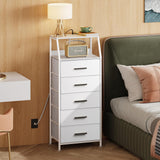 NASHZEN Nightstand 5 Drawer Dresser with Charging Station, Side Table with Fabric Drawers, End Table with Open Shelf, Tall Dresser for Bedroom, Hallway, Entryway NASHZEN