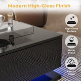 holzart Modern High Gloss Coffee Table with LED Lights & Storage, Black 2-Tier Rectangular Table with Tempered Glass Top and Drawer, Center Table for Living Room, Gaming & Movie Night holzart