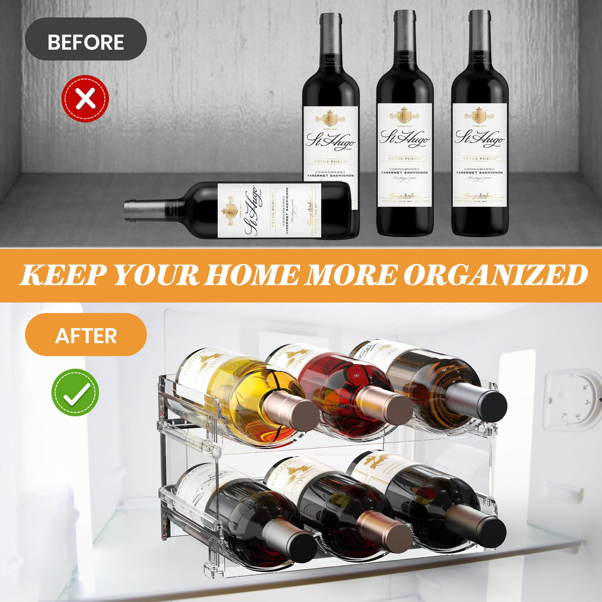 Plastic Stackable Wine Rack for Refrigerator, 2 Tier Large Capacity Water Bottle Organizer for Cabinet, Free-Standing Water Bottle Storage Rack for Fridge, Countertop, Pantry, Freezer, Hold 6 Bottles Noyhnuoch
