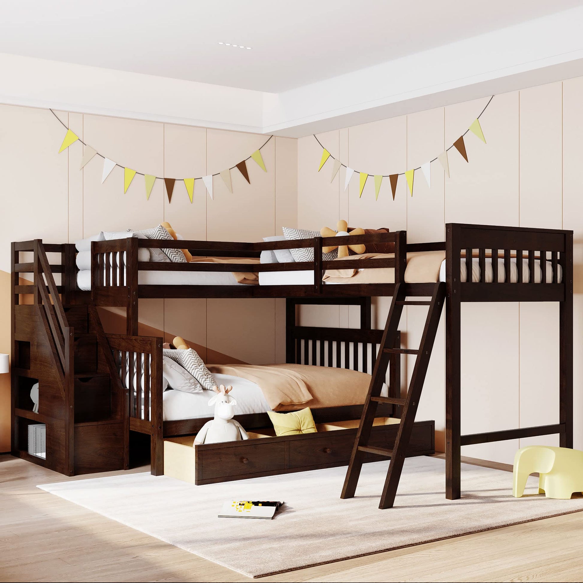 Espresso L Shaped Triple Bunk Bed with Stairs & Storage for Kids, Teens, and Adults - Twin Over Full Design - WoodArtSupply