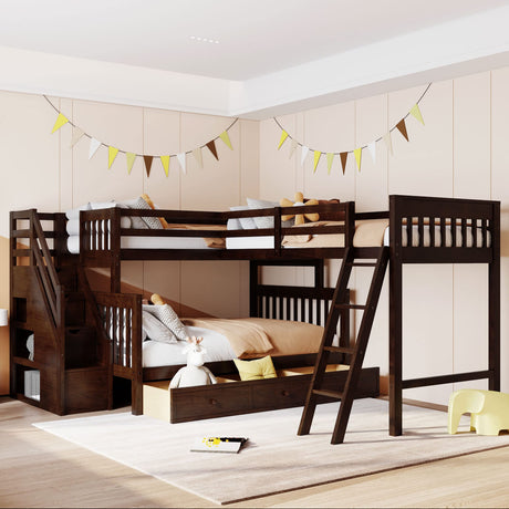 Espresso L Shaped Triple Bunk Bed with Stairs & Storage for Kids, Teens, and Adults - Twin Over Full Design Harper & Bright Designs