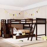 L Shaped Bunk Beds for 3, Triple Bunk Bed with Stairs and 3 Storage Drawers, Twin Over Full Bunk Bed with Twin Size Loft Bed attached, Wooden Bunk Bed Frame for Kids Teens Girls Boys - Espresso Harper & Bright Designs