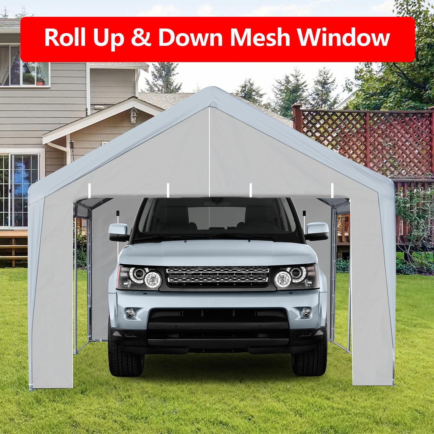 ACONEE Carport 13×20 FT Portable Garage, Heavy Duty Garage Car Port Canopy with Roll-up Doors & Ventilated Windows, Outdoor Boat Shelter Tent Waterproof All-Season Tarp for Pickup Truck, Grey